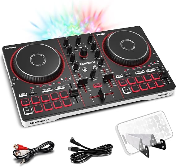 Numark Party Mix III Dahili Işıklı Bluetooth DJ Controller – 2 Deck, 16 Pad, Stems Kontrolü, Beat Assist, Smart Fader, USB-C, Serato DJ Lite & Algoriddim djay Dahil, Başlangıç DJ Seti