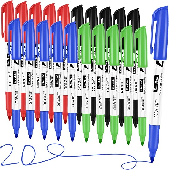 coruscant Assorted Colors Permanent Marker Fine Point Bulk, Fine Tip Quickly Drying, Waterproof, Fade Resistant Ink for Writing, Labeling on Plastic, Metal, Wood, Glass, Stone, 20 Count