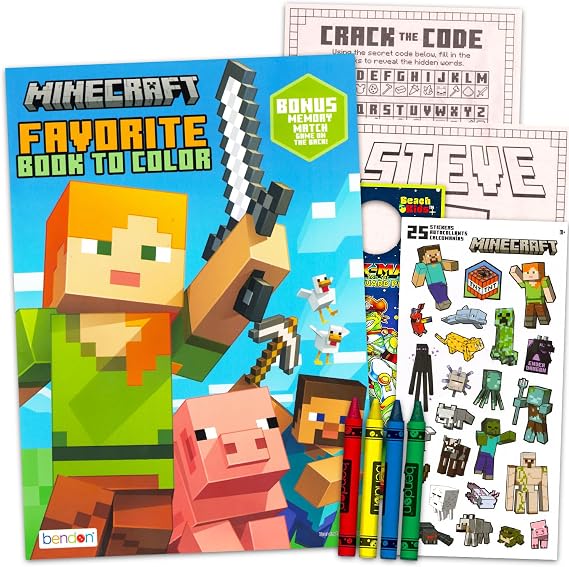 Minecraft Coloring Book Set for Boys - Activity Bundle + Stickers, Crayons