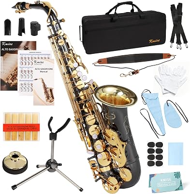Kmise E Flat Alto Saxophone, Lightweight Saxophones for Students Beginner, Saxofon Full Kit with Portable Case, Sax Stand, Strap, Reeds, Beginners Guides, Mute, Cleaning Kit Black Nickel & Gold