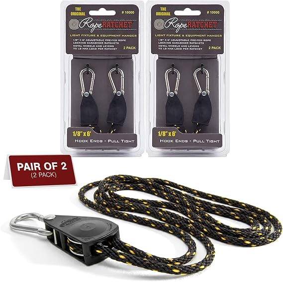 Rope Ratchet 1/8 Light Hanger, Carabiner Clips, Grow Room Setup 6 ft 4 Pack