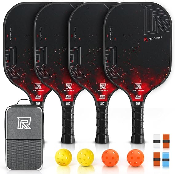 USAPA Approved Pickleball Paddles Set of 4 - T-300 Carbon Fiber Hybrid for Soft Touch & Control - Quiet Lightweight Core - Complete Starter Kit with Bag & Balls for Family & Beginners