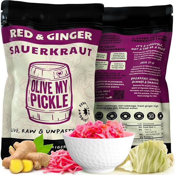Olive My Pickle Fermented Sauerkraut - 32 Ounces | 2-Pack Bundle of Probiotic Red and Ginger Sauerkraut with Natural Probiotics for Gut Health - Great for Sandwiches, Salads, Asian Dishes, and Meat