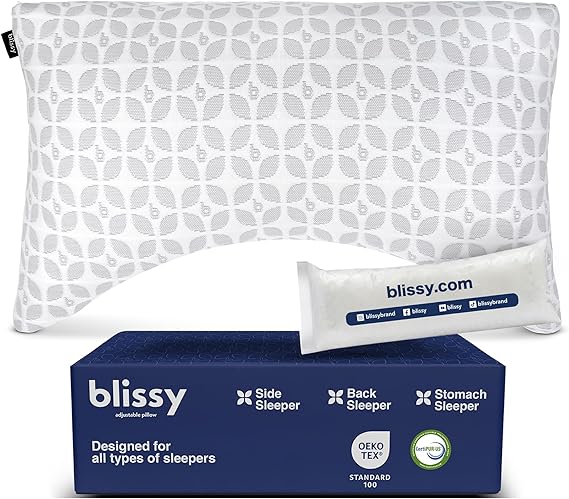 BLISSY Adjustable Memory Foam Pillow for Sleeping (Queen Size) - Cooling Gel Pillows for Side Sleepers with Shredded Foam for Customizable Loft - CertiPUR-US & Oeko-TEX