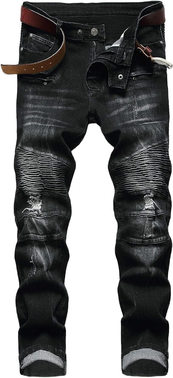 AITITIA Men's Biker Zipper Deco Washed Straight Fit Jeans