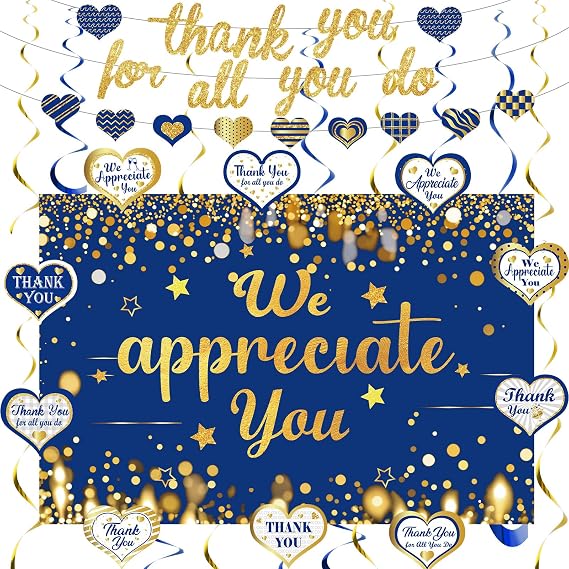 We Appreciate You Decorations Blue Gold Thank You For All You Do Glitter Banner Hanging Swirl We Appreciate You Backdrop for Teacher Employee Doctor Nurse Staff Appreciation Party Photo Booth Supplies