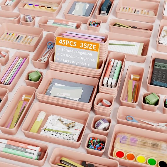 45 Pieces Drawer Organiser Office with 3 Sizes Dressing Table Make Up Organiser Drawer Storage Desk Organiser Drawers Organiser System for Kitchens Bedroom Bathroom Office Pink
