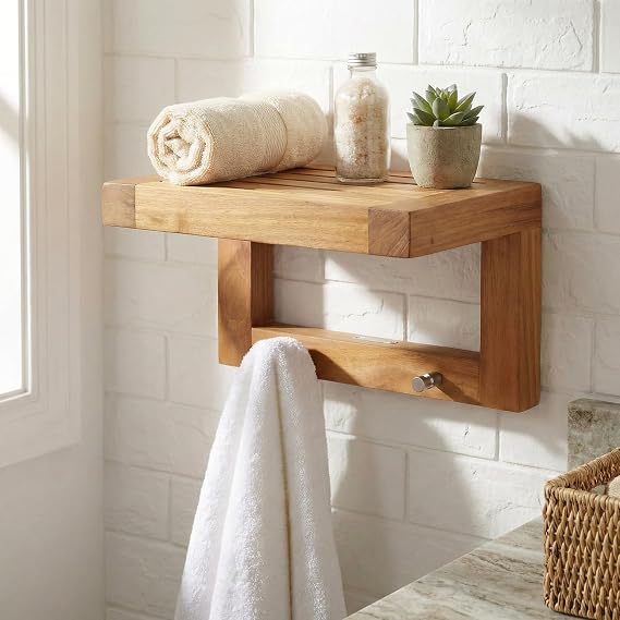 AquaTeak Moa 12" Teak Floating Shelf with 2 Hooks, Wall Mounted