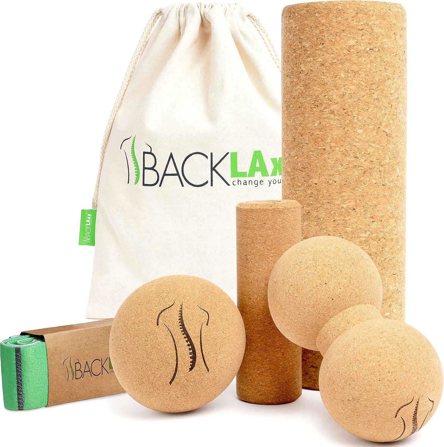BACKLAxx ® Fascia Roller Made of Cork Set of 4 – Fascia Massager, Fascia Ball, Fascia duoball Ideal for Back and Spine – Antibacterial – Rolling Massager incl. Application Videos
