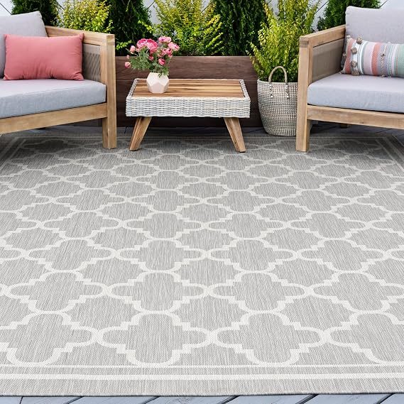 Water & Fade Resistant 8x10 Large Indoor Outdoor Rug Patio, Deck, Porch, Entryway | Outside Area Rugs for Patios | 7'10'' x 10'2'' Gray