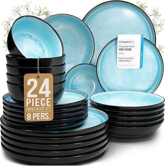 24 Piece Stoneware Dinnerware Set for 8, Handcrafted Plates and Bowls Set