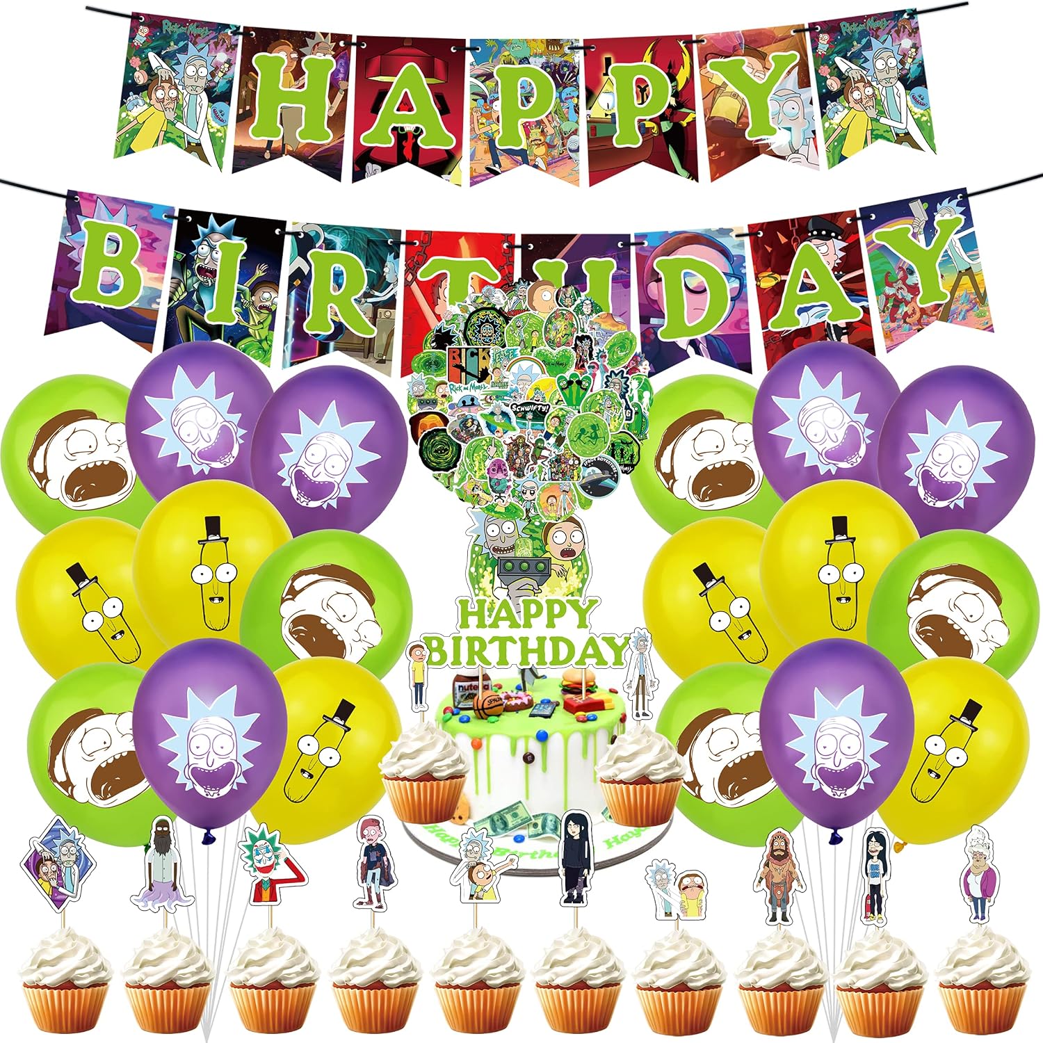 82Pcs Rick and Morty Birthday Party Supplies and Decorations Rick and Morty Happy birthday Banner,Latex balloon, Cupcake Toppers, Set Anime Party Supplies for Kids Family