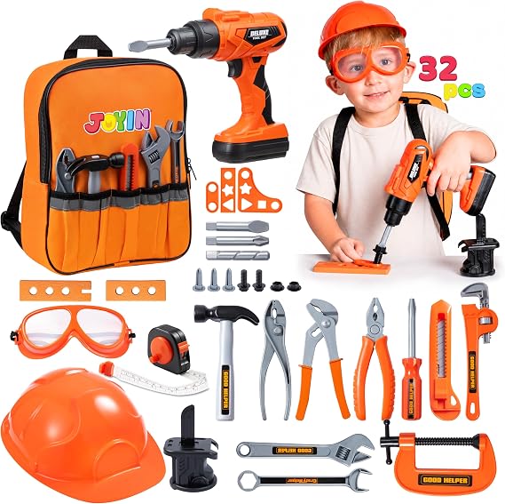 JOYIN 32PCS Kids Tool Set, Kids Tool Toys with Construction Backpack Costume & Electronic Toy Drill for Boy Girl, Birthday Gift for Boys Age 3 4 5 6