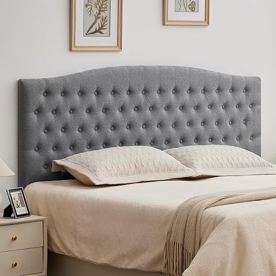 Tufted Tall King Size Headboard, Linen Button Diamond Headboards, Gray