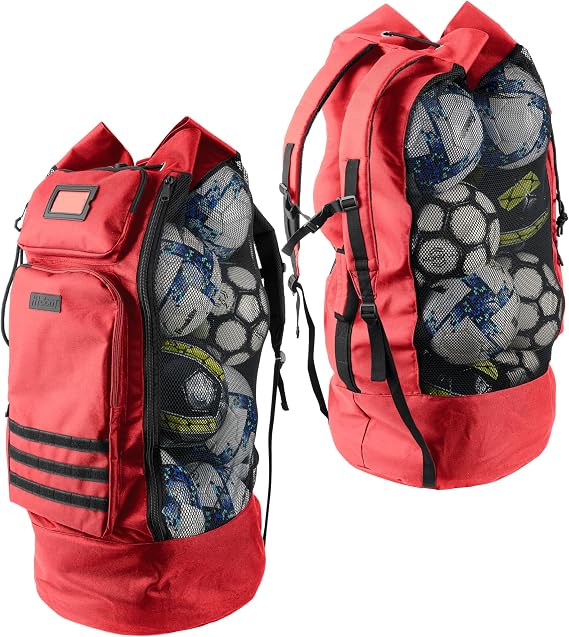 Fitdom XL Mesh Ball Bag with Backpack Straps & 2 Zippered Front Pockets | Heavy Duty Ball Storage for Coaches, Holds 13+ Soccer Balls with Backpack Carry for Team Sports, Practice & Training Gear