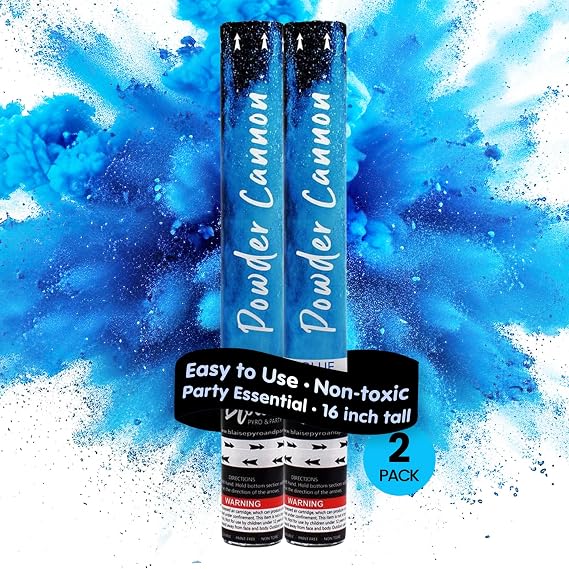 Blaise Pyro & Party Blue Powder Poppers - Water-Soluble & Colorful Powder Cannons for Gender Reveals, Birthdays, Weddings & Celebrations - Easy to Use for Memorable Photos - 16-Inch, 2-Pack