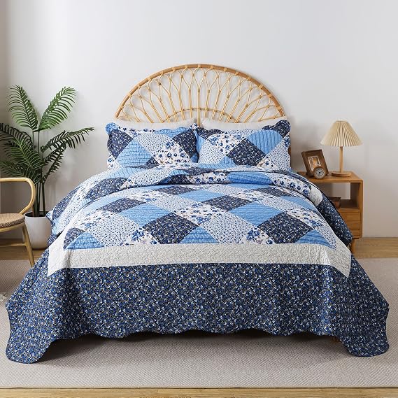 HoneiLife Quilt Sets Twin Size - 2 Piece Microfiber Quilts Reversible Bedspreads Patchwork Coverlets Floral Bedding Set All Season Quilts with Blue and White Porcelain Pattern