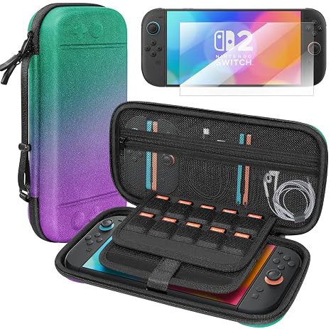 Honghao Switch Case for Nintendo 2, Screen Protectors for Nintendo Switch 2 2025, Travel Carrying Game Protective Case for Nintendo Switch 2 Accessories, Large & Hard (Purple Green)