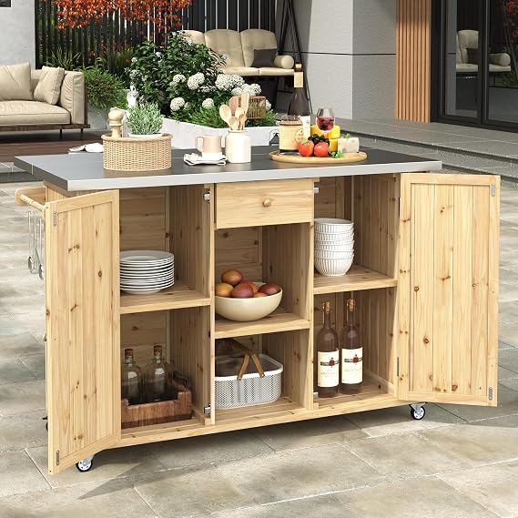 Outdoor Kitchen Island Grill Cart - Solid Fir Wood Cabinet with Stainless Steel Tabletop, Ample Storage, Towel & Spice Racks, Bottle Opener, and Wheels for Easy Grilling (Natural)