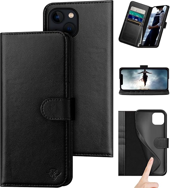 DuckSky for iPhone 14 6.1" Genuine Leather Wallet case RFID Blocking4 Credit Card HolderReal Leather Flip Folio Book Phone case Protective Cover Women Men for Apple 14 5G case Black