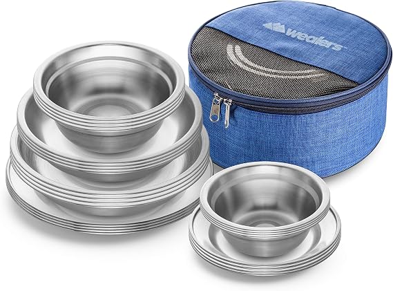 Wealers Stainless Steel Plates and Bowls Camping Set Small and Large Dinnerware for Kids, Adults, Family | Camping, Hiking, Beach, Outdoor Use | Incl. Travel Bag (24 Piece Set)