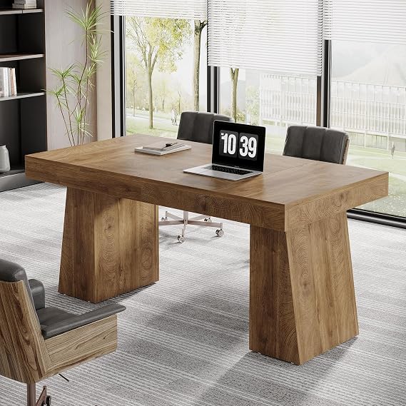 Tribesigns 55 Inches Executive Desk, Mid-Century Modern Home Office Desk, Wood MDF Computer Table Business Workstation Small Conference Table, Light Brown