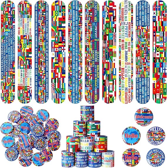 Outus 60 Pcs International Party Favors Flags Slap Bracelets Button Pins