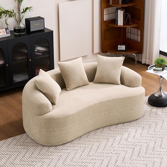 Loveseat Sectional Sofa for Living Room, 65 Modern Luxury Plush Chenille Extra Deep Seat Curved Cloud Floor Couch with 3 Throw Pillows for Small Spaces, No Assembly Needed, Apricot Taupe
