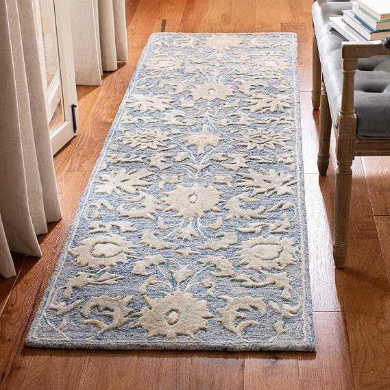 SAFAVIEH Glamour Collection Runner Rug - 2'3" x 8', Blue & Beige, Handmade Wool, Ideal for High Traffic Areas in Living Room, Bedroom (GLM624M)