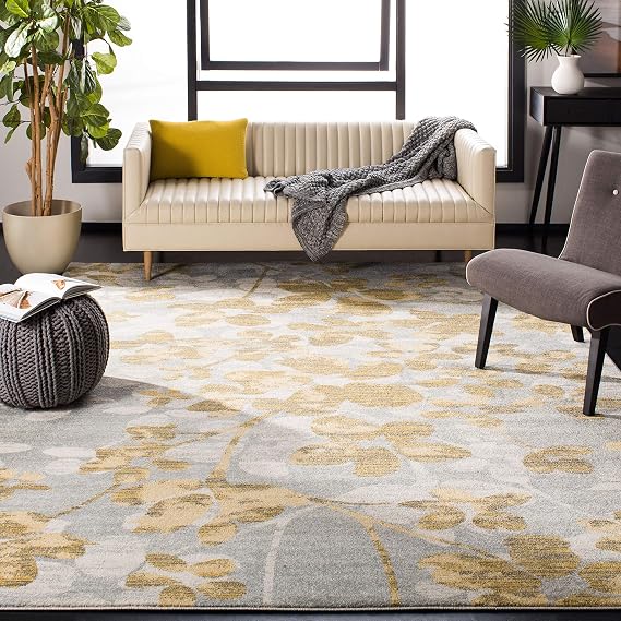 SAFAVIEH Evoke Collection Area Rug - 9' x 12', Grey & Gold, Floral Design, Non-Shedding & Easy Care, Ideal for High Traffic Areas in Living Room, Bedroom (EVK236P)